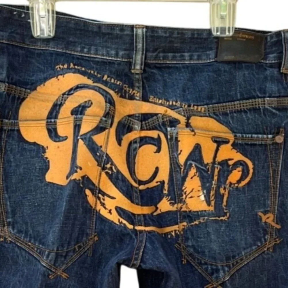 Rocawear Mens Vtg Denim Jeans Orange Logo Stitching on‎ Butt Size 38x32 - READ